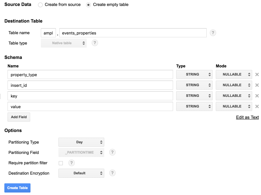 Create a new table in BigQuery